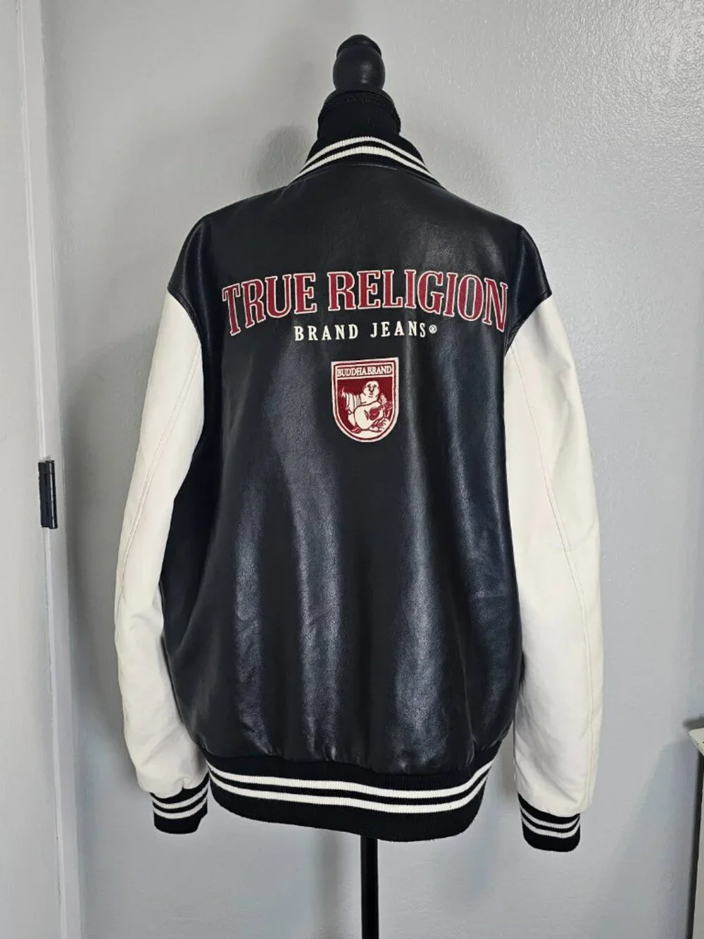 True Religion Black White Vegan Leather Varsity Men's Jacket - Size Large